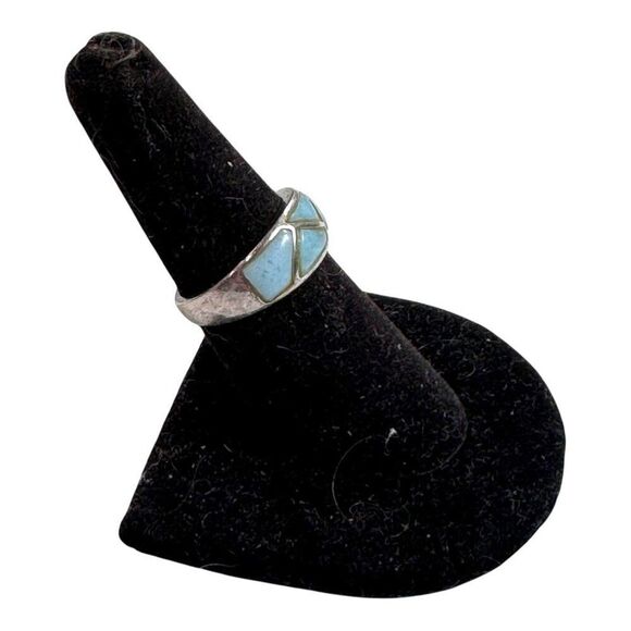 Vintage Larimar ZigZag Sterling Silver 925 Blue Stone Inlay Ring Size 7 Artisan - Picture 6 of 6
